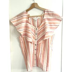 French Laundry Striped Cotton Flutter Sleeve Button-Front Blouse EUC M